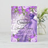 Quinceañera Paarse jurk en bloemen Kaart (Staand voorkant)
