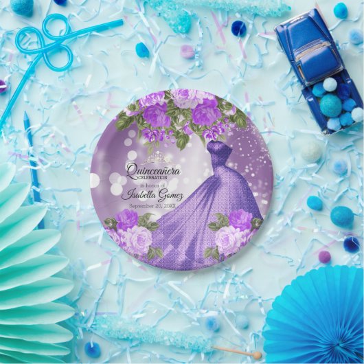 Quinceañera Paarse jurk en bloemen Papieren Bordje (Feest)