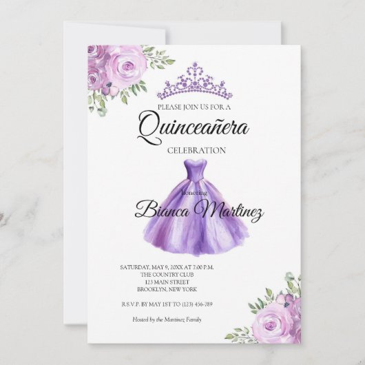 Quinceanera Paarse jurk Mis Quince Kaart (Voorkant)