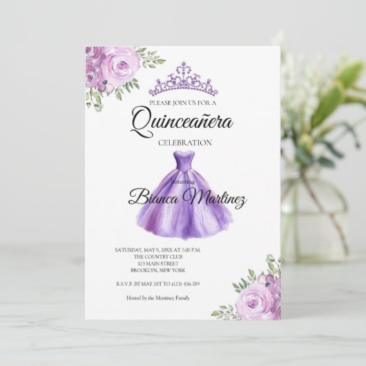 Quinceanera Paarse jurk Mis Quince Kaart (Staand voorkant)