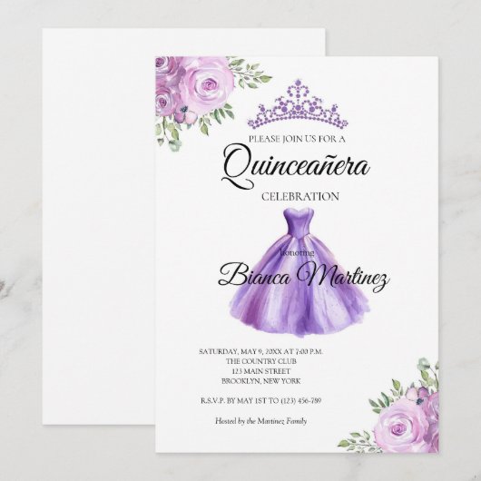 Quinceanera Paarse jurk Mis Quince Kaart (Voorkant / Achterkant)