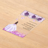 Quinceanera paarse jurk roze bloemen Clear Acryl Uitnodigingen (Laagn)