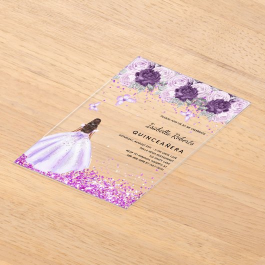 Quinceanera paarse jurk roze bloemen Clear Acryl Uitnodigingen (Laagn)
