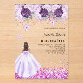 Quinceanera paarse jurk roze bloemen Clear Acryl Uitnodigingen (Voorkant)
