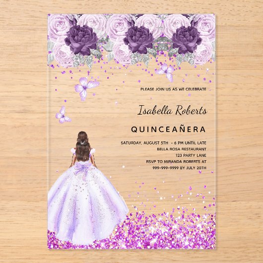 Quinceanera paarse jurk roze bloemen Clear Acryl Uitnodigingen (Voorkant)