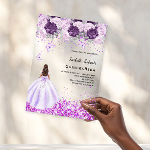 Quinceanera paarse jurk roze bloemen helder acryl uitnodigingen