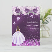 Quinceanera paarse jurk roze bloemen kaart (Staand voorkant)