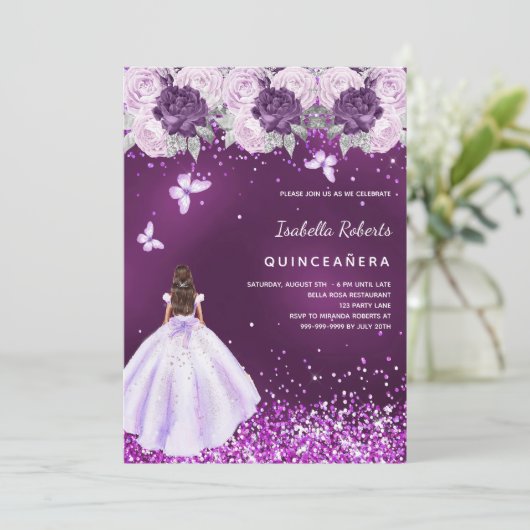Quinceanera paarse jurk roze bloemen kaart (Staand voorkant)