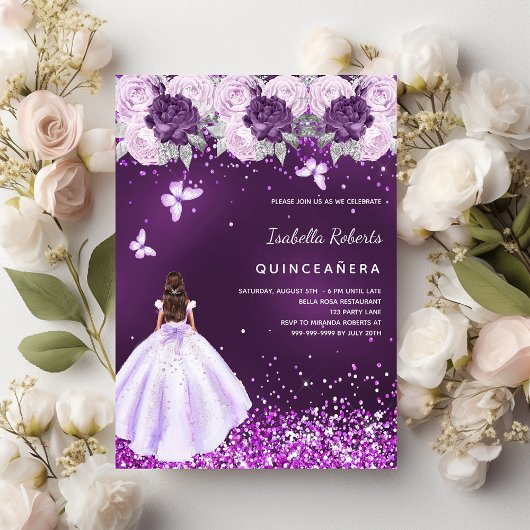 Quinceanera paarse jurk roze bloemen kaart