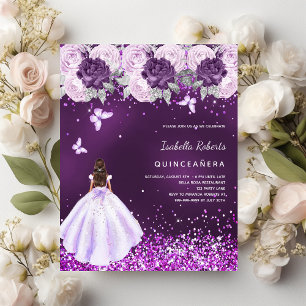 Quinceanera paarse jurk roze bloemen uitnodiging