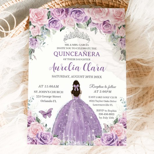 Quinceañera Paarse Lila Bleke Roze Bloemprinses Kaart