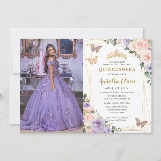 Quinceañera Paarse Lila Blush Bloemenvlinders Kaart (Voorkant)