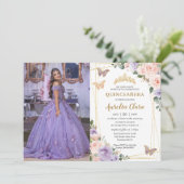 Quinceañera Paarse Lila Blush Bloemenvlinders Kaart (Staand voorkant)