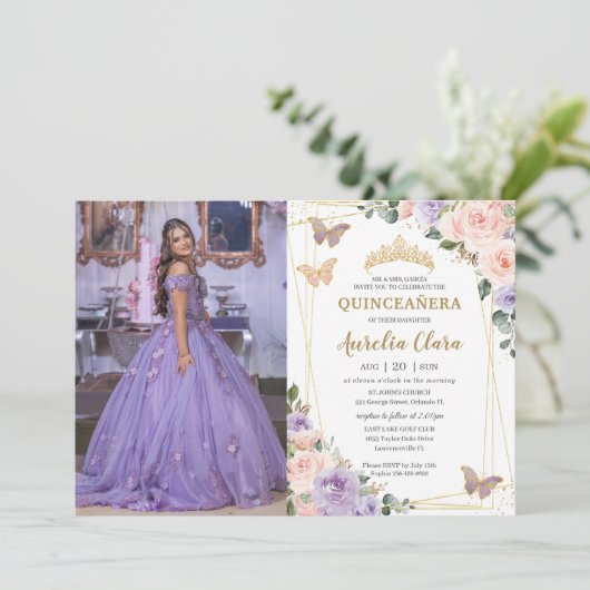 Quinceañera Paarse Lila Blush Bloemenvlinders Kaart (Staand voorkant)
