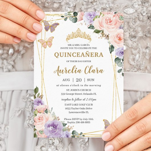 Quinceañera Paarse Lila Blush Bloemenvlinders Kaart