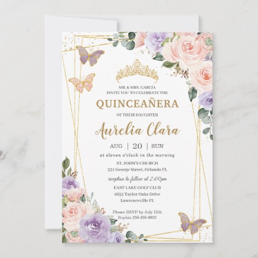 Quinceañera Paarse Lila Blush Bloemenvlinders Kaart (Voorkant)