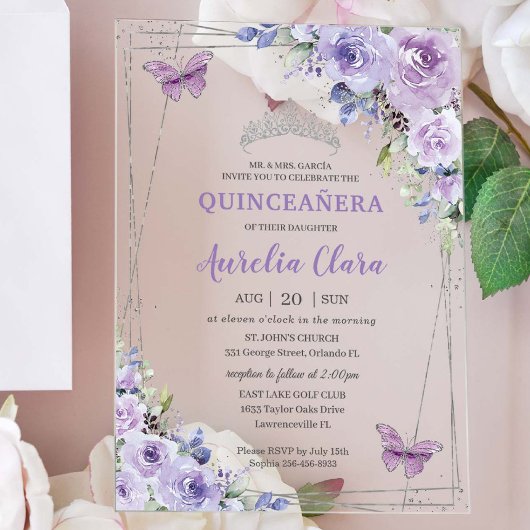 Quinceañera Paarse Lila Floral Butterflies Silver Acryl Uitnodigingen