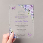 Quinceañera Paarse Lila Floral Butterflies Silver Acryl Uitnodigingen (Insitu (Draagbaar))