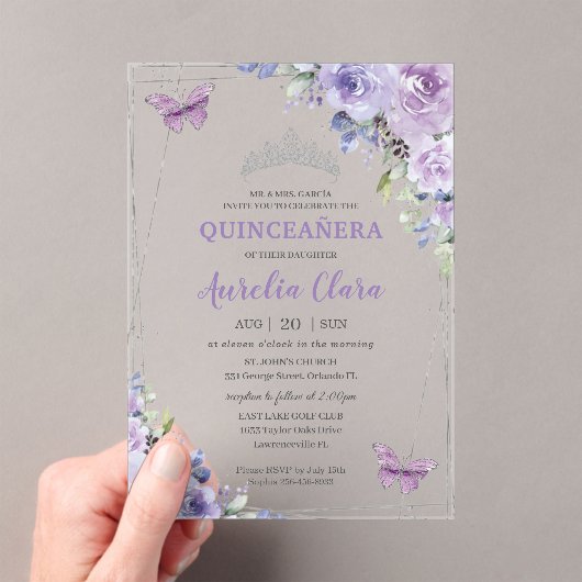 Quinceañera Paarse Lila Floral Butterflies Silver Acryl Uitnodigingen (Insitu (Draagbaar))