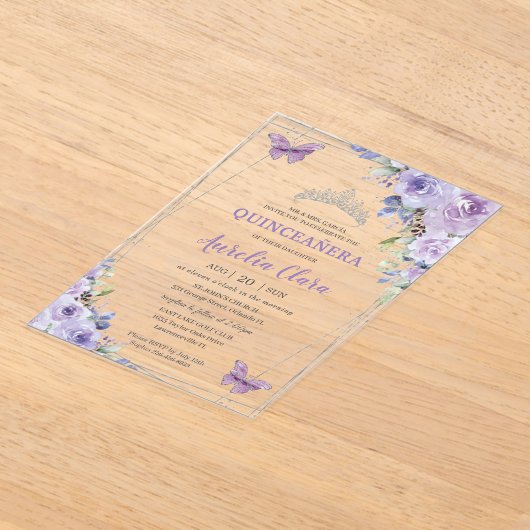 Quinceañera Paarse Lila Floral Butterflies Silver Acryl Uitnodigingen (Laagn)