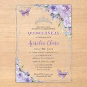 Quinceañera Paarse Lila Floral Butterflies Silver Acryl Uitnodigingen (Voorkant)