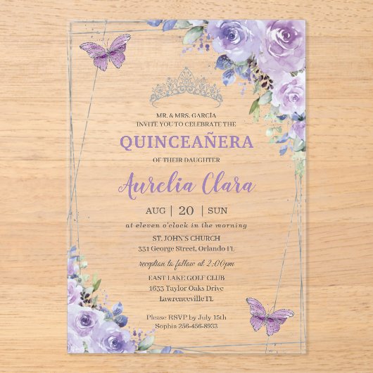 Quinceañera Paarse Lila Floral Butterflies Silver Acryl Uitnodigingen (Voorkant)