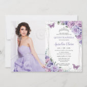 Quinceañera Paarse Lila Floral Butterflies Silver Kaart (Voorkant)