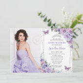 Quinceañera Paarse Lila Floral Butterflies Silver Kaart (Staand voorkant)