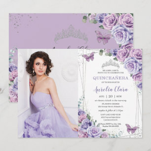 Quinceañera Paarse Lila Floral Butterflies Silver Kaart