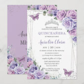 Quinceañera Paarse Lila Floral Butterflies Silver Kaart (Voorkant / Achterkant)