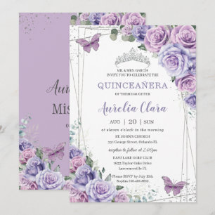 Quinceañera Paarse Lila Floral Butterflies Silver Kaart