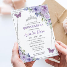 Quinceañera Paarse Lila Floral Butterflies Silver