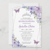 Quinceañera Paarse Lila Floral Butterflies Silver Kaart (Voorkant)