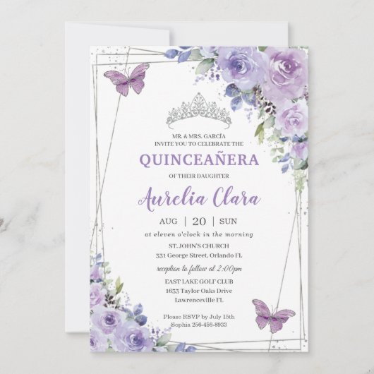Quinceañera Paarse Lila Floral Butterflies Silver Kaart (Voorkant)