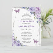 Quinceañera Paarse Lila Floral Butterflies Silver Kaart (Staand voorkant)
