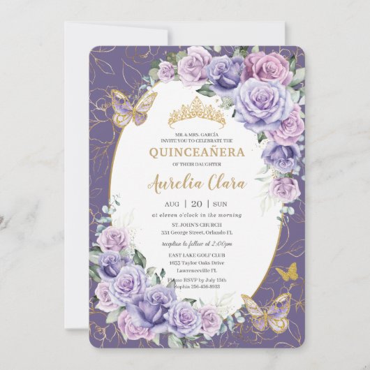 Quinceañera Paarse Lila Floral Gold Butterflies Kaart (Voorkant)