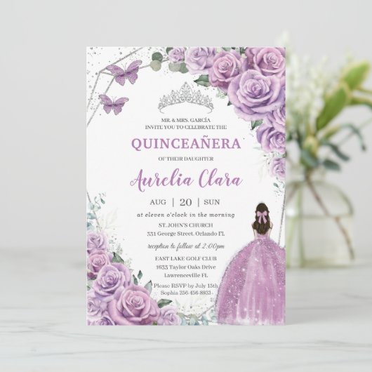 Quinceañera Paarse Lila Floral Princess Birthday Kaart (Staand voorkant)