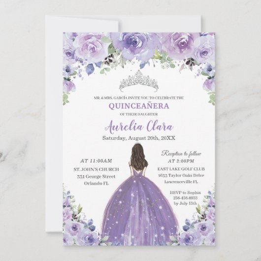 Quinceañera Paarse Lila Floral Princess Birthday Kaart (Voorkant)
