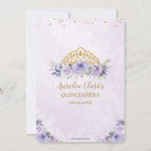 Quinceañera Paarse Lila Floral Princess Tiara Kaart (Achterkant)
