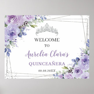 Quinceañera Paarse Lila Floral Silver Butterflies Poster