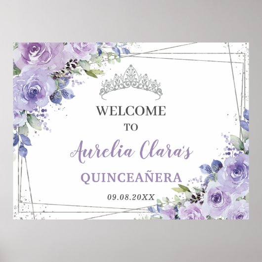 Quinceañera Paarse Lila Floral Silver Butterflies Poster (Voorkant)