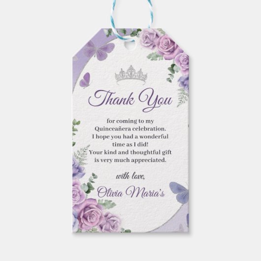 Quinceañera Paarse Lila Floral Tiara Butterflies Cadeaulabel (Voorkant)