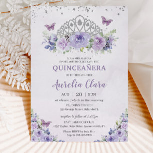 Quinceañera Paarse Lila Floral Tiara Butterflies Kaart