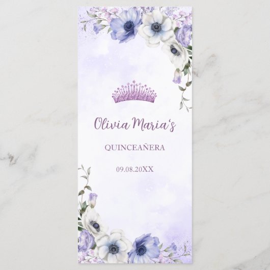 Quinceañera Paarse Lila Floral Tiara Butterflies Menu (Achterkant)