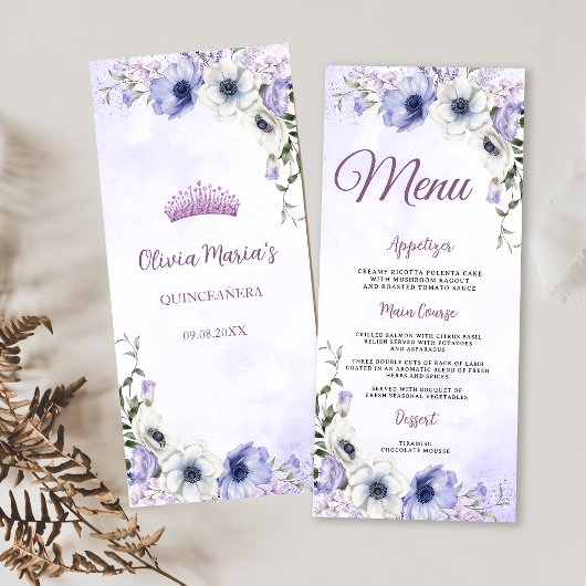 Quinceañera Paarse Lila Floral Tiara Butterflies Menu