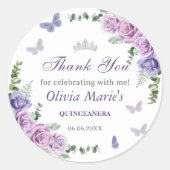 Quinceañera Paarse Lila Floral Tiara Butterflies Ronde Sticker (Voorkant)