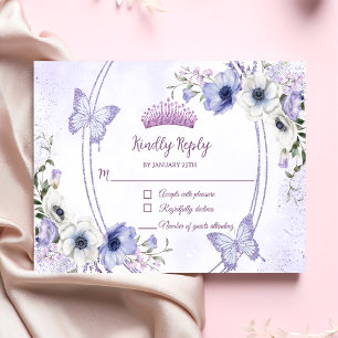 Quinceañera Paarse Lila Floral Tiara Butterflies RSVP Kaartje