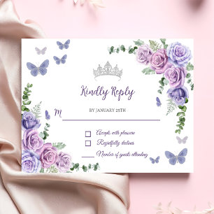Quinceañera Paarse Lila Floral Tiara Butterflies RSVP Kaartje