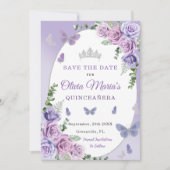 Quinceañera Paarse Lila Floral Tiara Butterflies Save The Date (Voorkant)