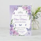 Quinceañera Paarse Lila Floral Tiara Butterflies Save The Date (Staand voorkant)